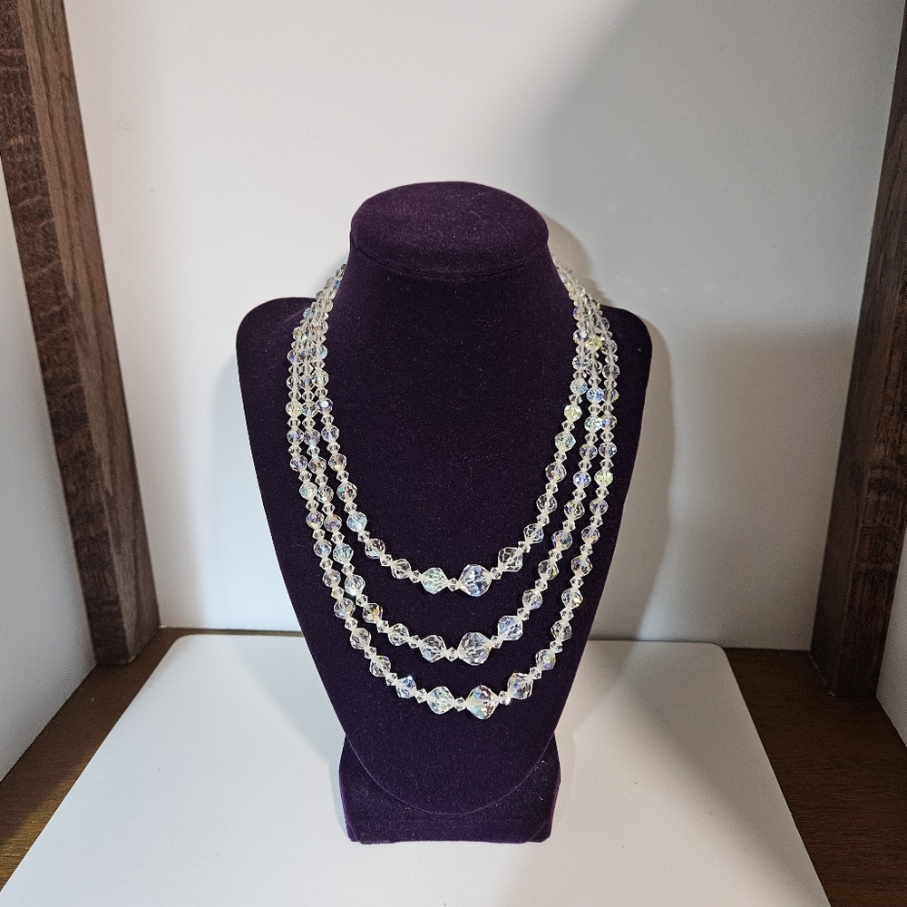 Vintage Triple Strand   Beaded Necklace, Round Crystal